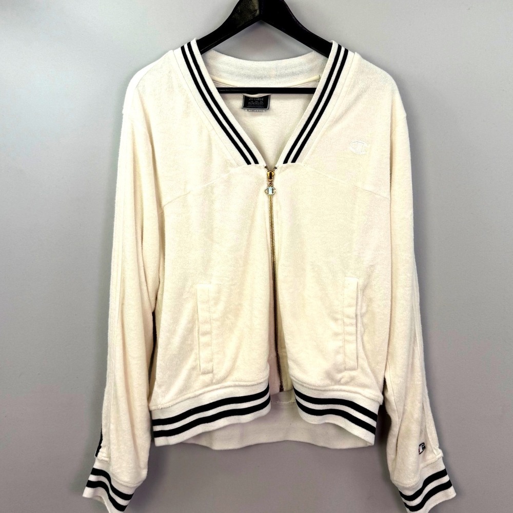 Champion Womens 2XL White Terry Cloth Full Zip V-Neck Track Jacket Striped Trim
